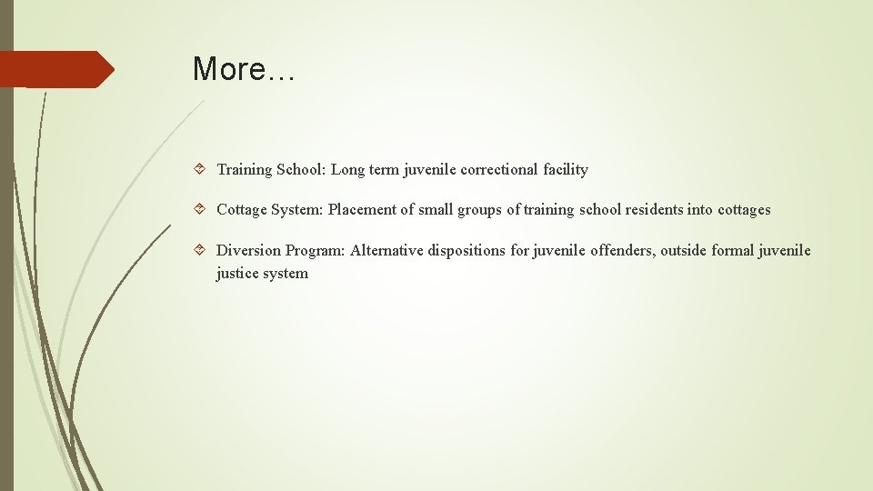 More… Training School: Long term juvenile correctional facility Cottage System: Placement of small groups More… Training School: Long term juvenile correctional facility Cottage System: Placement of small groups