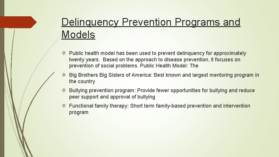 Delinquency Prevention Programs and Models Public health model has been used to prevent delinquency Delinquency Prevention Programs and Models Public health model has been used to prevent delinquency