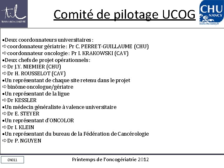 Comité de pilotage UCOG Deux coordonnateurs universitaires : coordonnateur gériatrie : Pr C. PERRET-GUILLAUME