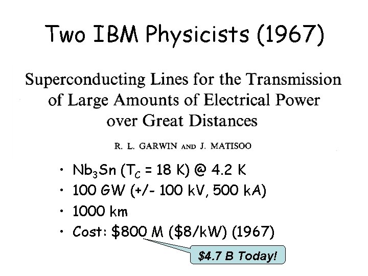 Two IBM Physicists (1967) • • Nb 3 Sn (TC = 18 K) @