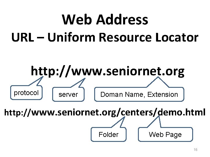Web Address URL – Uniform Resource Locator http: //www. seniornet. org protocol server Doman