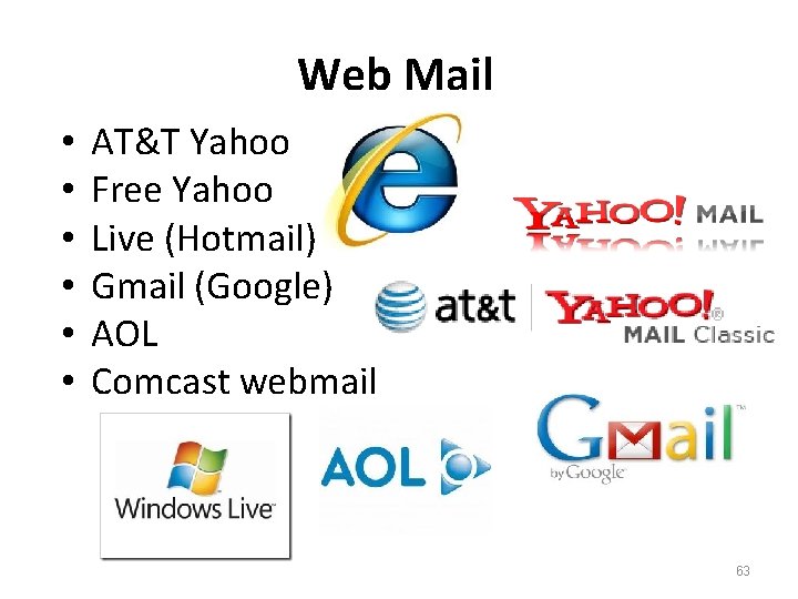 Web Mail • • • AT&T Yahoo Free Yahoo Live (Hotmail) Gmail (Google) AOL