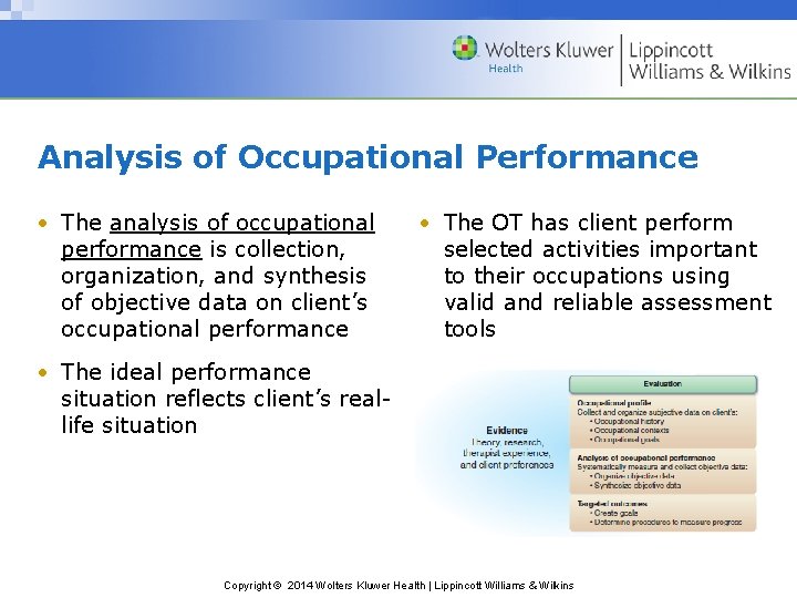 Analysis of Occupational Performance • The analysis of occupational performance is collection, organization, and