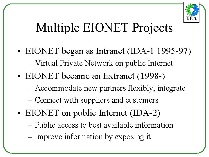 Multiple EIONET Projects EEA • EIONET began as Intranet (IDA-1 1995 -97) – Virtual