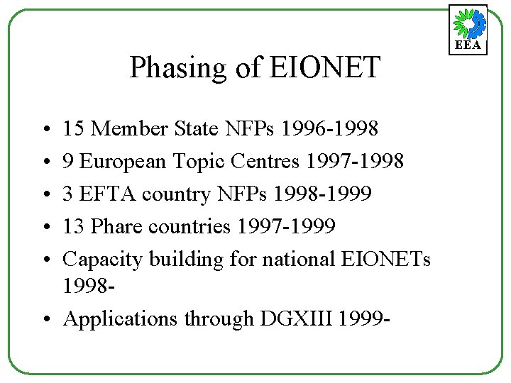 Phasing of EIONET • • • 15 Member State NFPs 1996 -1998 9 European