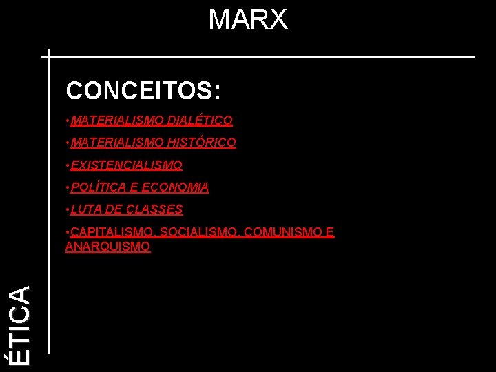 MARX CONCEITOS: • MATERIALISMO DIALÉTICO • MATERIALISMO HISTÓRICO • EXISTENCIALISMO • POLÍTICA E ECONOMIA