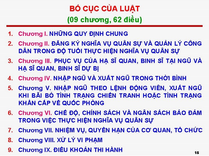 BỐ CỤC CỦA LUẬT (09 chương, 62 điều) 1. Chương I. NHỮNG QUY ĐỊNH