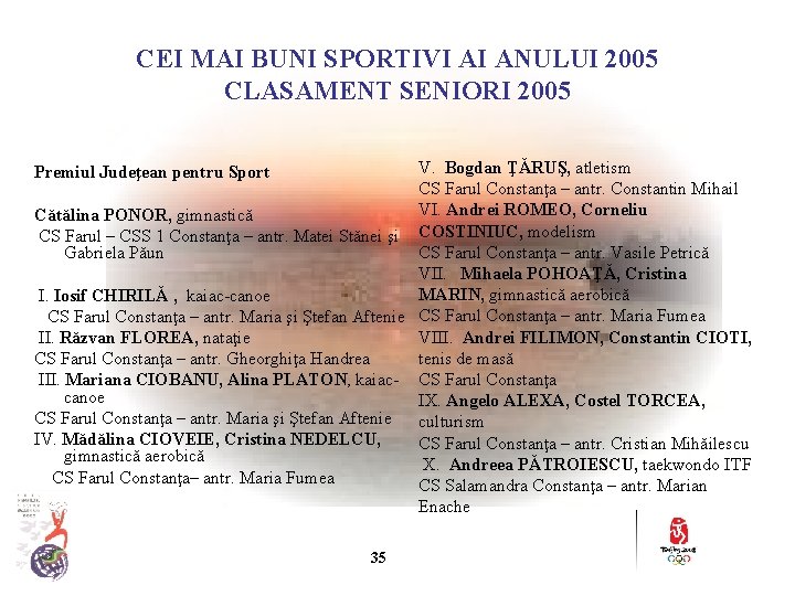 CEI MAI BUNI SPORTIVI AI ANULUI 2005 CLASAMENT SENIORI 2005 V. Bogdan ŢĂRUŞ, atletism