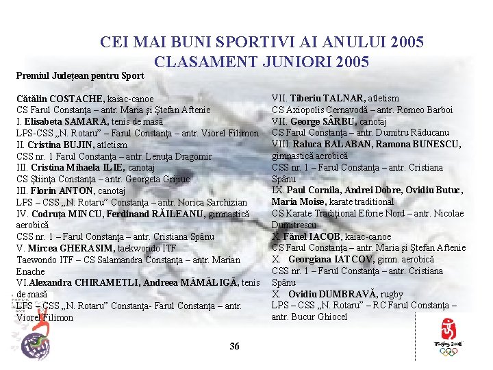 CEI MAI BUNI SPORTIVI AI ANULUI 2005 CLASAMENT JUNIORI 2005 Premiul Judeţean pentru Sport