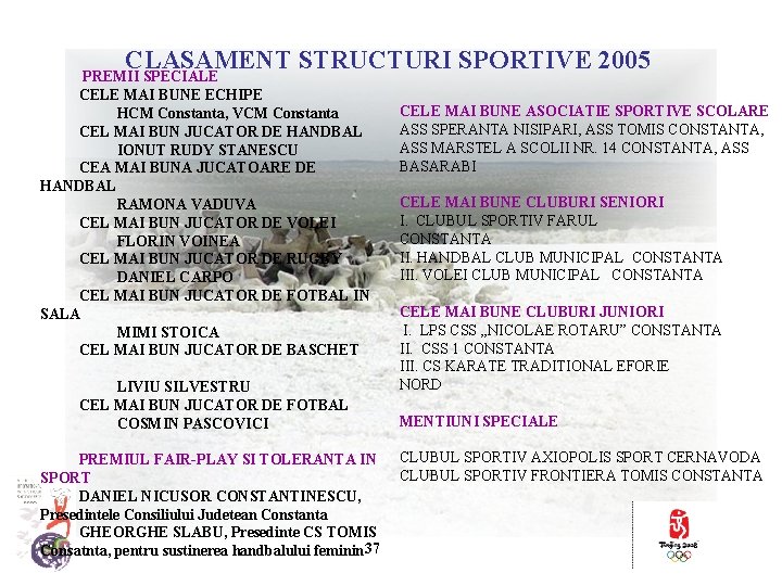 CLASAMENT STRUCTURI SPORTIVE 2005 PREMII SPECIALE CELE MAI BUNE ECHIPE HCM Constanta, VCM Constanta