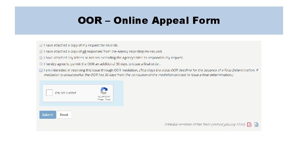 OOR – Online Appeal Form 