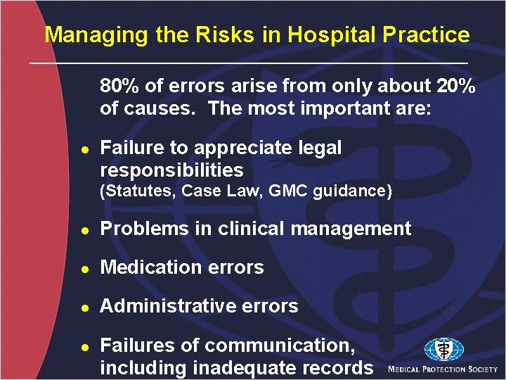 Managing the Risks in Hospital Practice 80% of errors arise from only about 20%