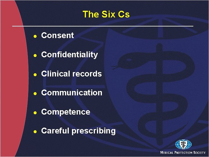 The Six Cs l Consent l Confidentiality l Clinical records l Communication l Competence