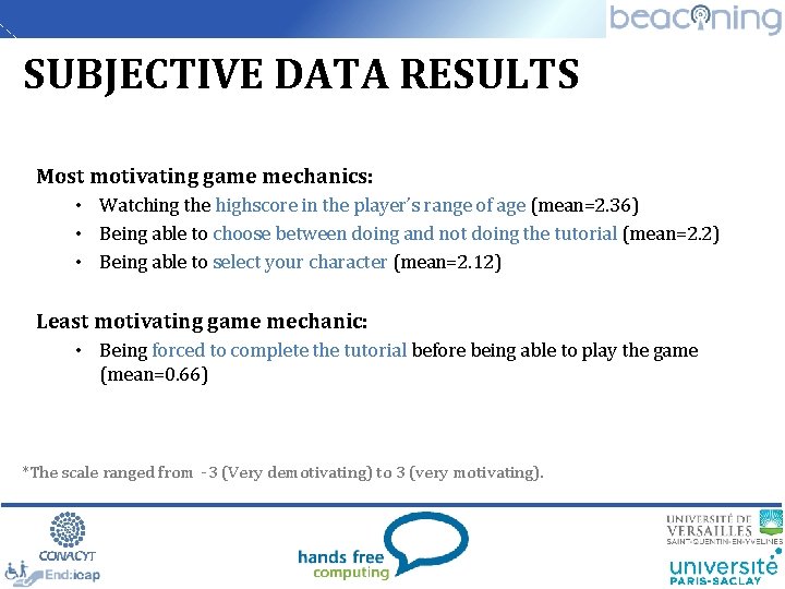 SUBJECTIVE DATA RESULTS Most motivating game mechanics: • Watching the highscore in the player’s