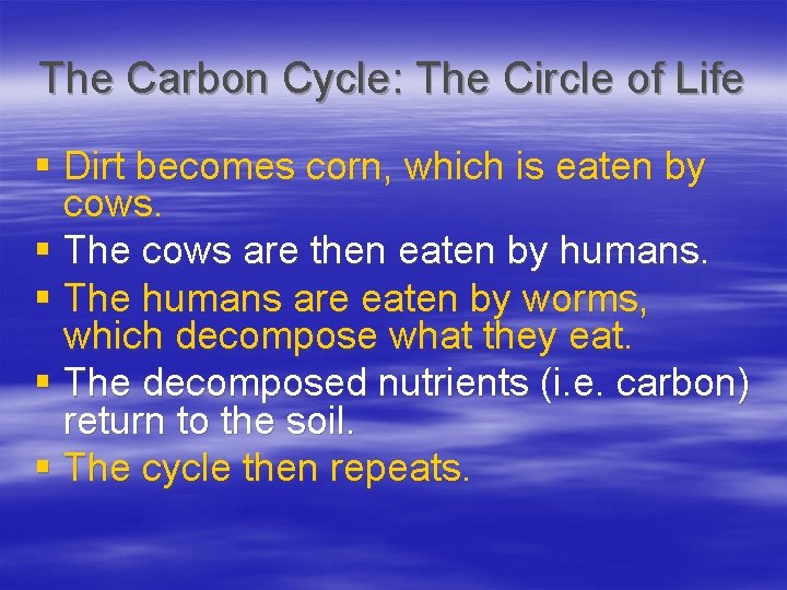 The Carbon Cycle: The Circle of Life § Dirt becomes corn, which is eaten