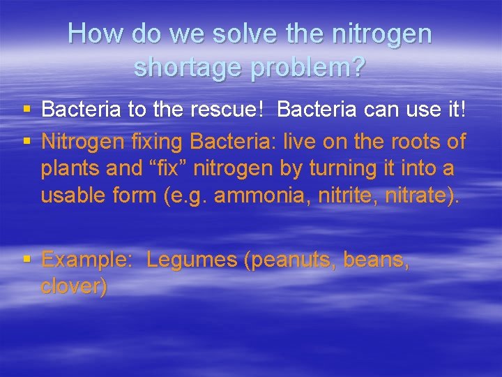 How do we solve the nitrogen shortage problem? § Bacteria to the rescue! Bacteria