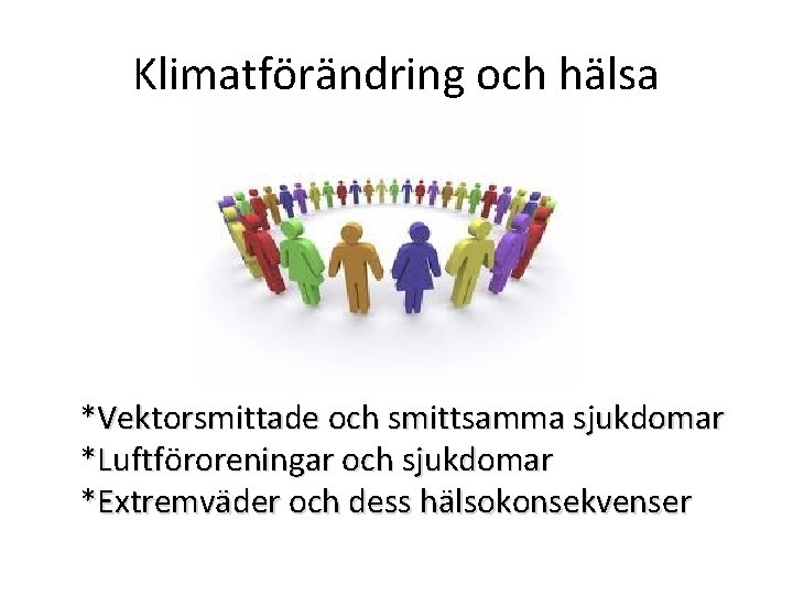 Klimatförändring och hälsa *Vektorsmittade och smittsamma sjukdomar *Luftföroreningar och sjukdomar *Extremväder och dess hälsokonsekvenser