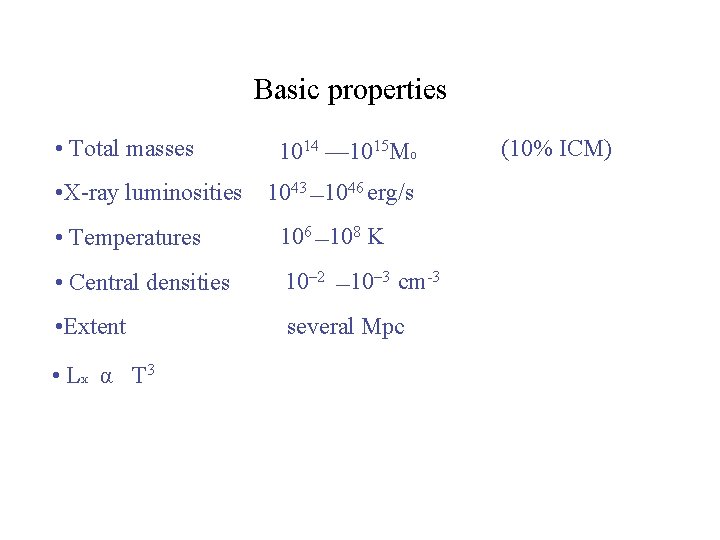 Basic properties • Total masses • X-ray luminosities 1014 — 1015 Mo 1043 —