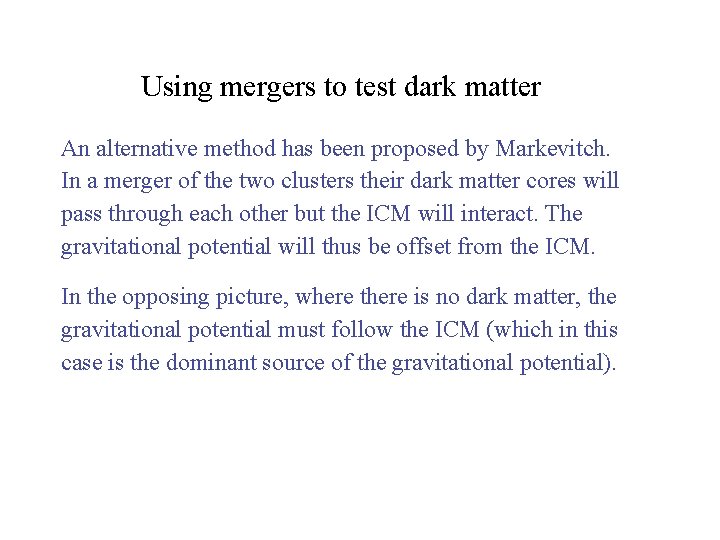Using mergers to test dark matter An alternative method has been proposed by Markevitch.