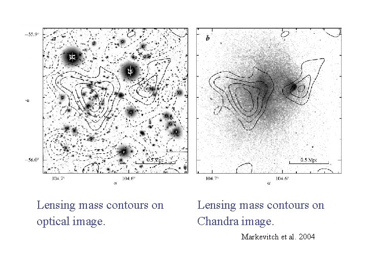 Lensing mass contours on optical image. Lensing mass contours on Chandra image. Markevitch et