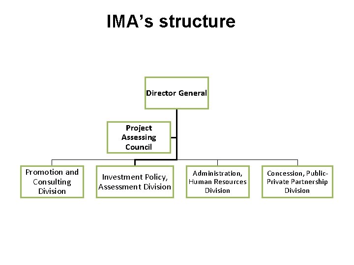 IMA’s structure Director General Project Assessing Council Promotion and Consulting Division Investment Policy, Assessment