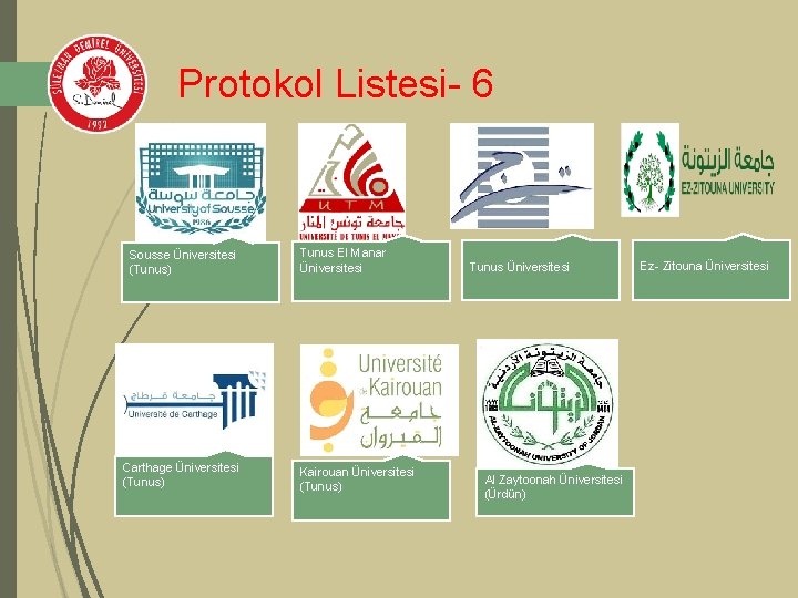 Protokol Listesi- 6 Sousse Üniversitesi (Tunus) Carthage Üniversitesi (Tunus) Tunus El Manar Üniversitesi Kairouan