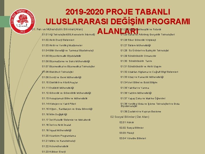 2019 -2020 PROJE TABANLI ULUSLARARASI DEĞİŞİM PROGRAMI ALANLARI 01. Fen ve Mühendislik Bilimleri(Alan) 01.