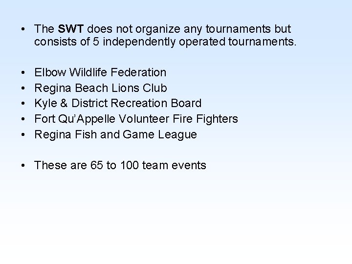  • The SWT does not organize any tournaments but consists of 5 independently