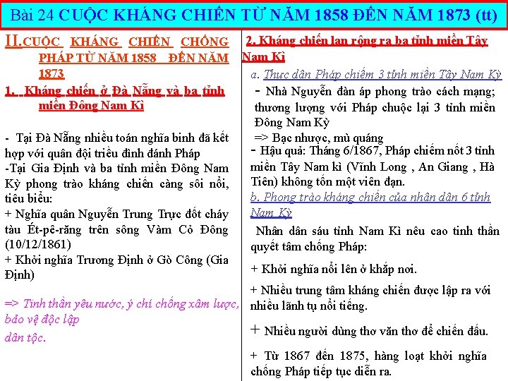 Bài 24 CUỘC KHÁNG CHIẾN TỪ NĂM 1858 ĐẾN NĂM 1873 (tt) II. CUỘC