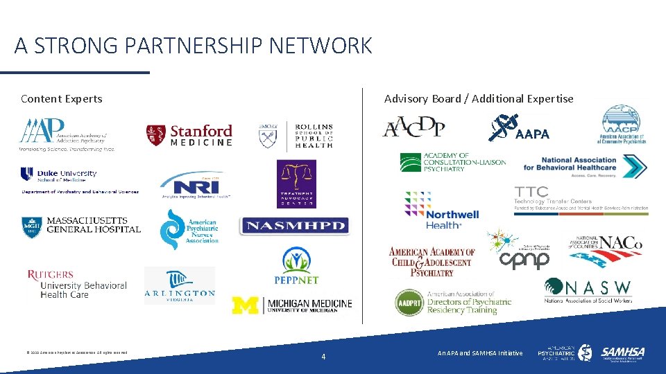 A STRONG PARTNERSHIP NETWORK Content Experts © 2020 American Psychiatric Association. All rights reserved.