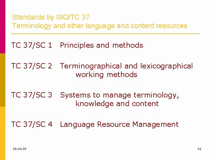 Standards by ISO/TC 37 Terminology and other language and content resources TC 37/SC 1