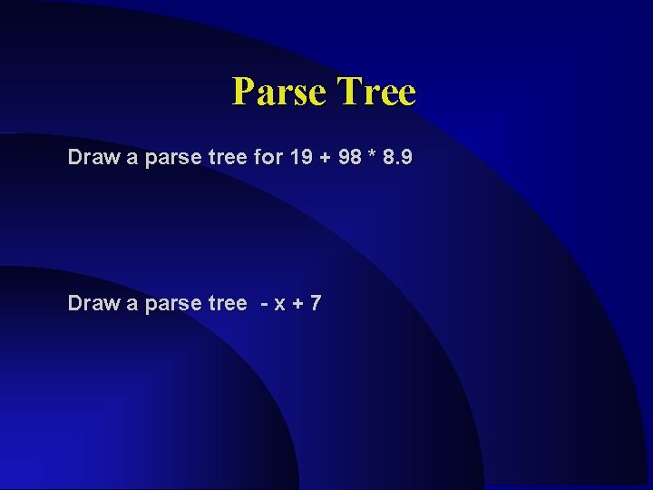 Parse Tree Draw a parse tree for 19 + 98 * 8. 9 Draw