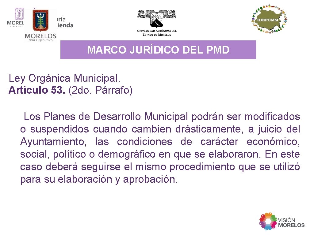 MARCO JURÍDICO DEL PMD Ley Orgánica Municipal. Artículo 53. (2 do. Párrafo) Los Planes