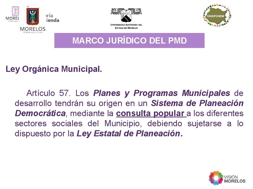 MARCO JURÍDICO DEL PMD Ley Orgánica Municipal. Artículo 57. Los Planes y Programas Municipales
