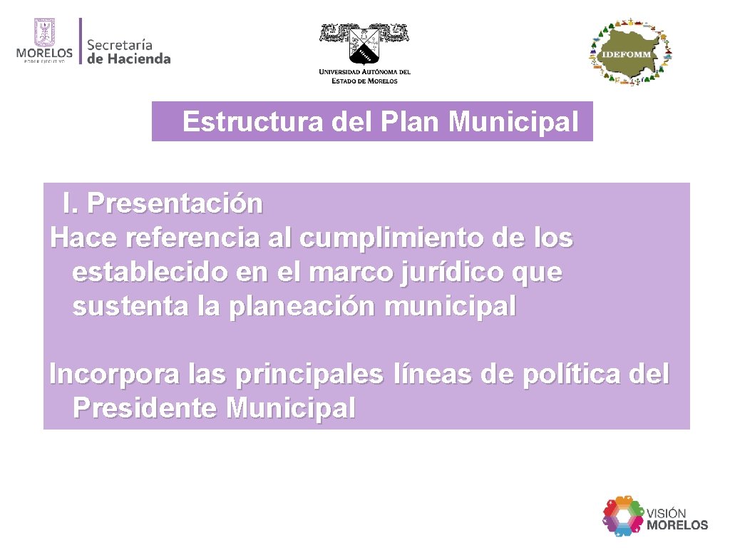 Estructura del Plan Municipal I. Presentación Hace referencia al cumplimiento de los establecido en