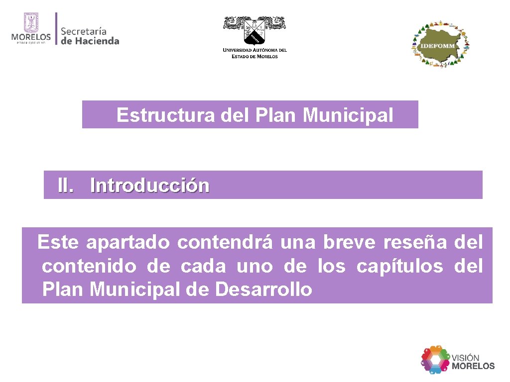Estructura del Plan Municipal l. I. Introducción Este apartado contendrá una breve reseña del