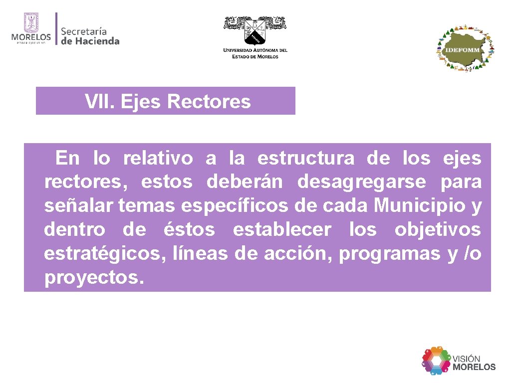 VII. Ejes Rectores En lo relativo a la estructura de los ejes rectores, estos