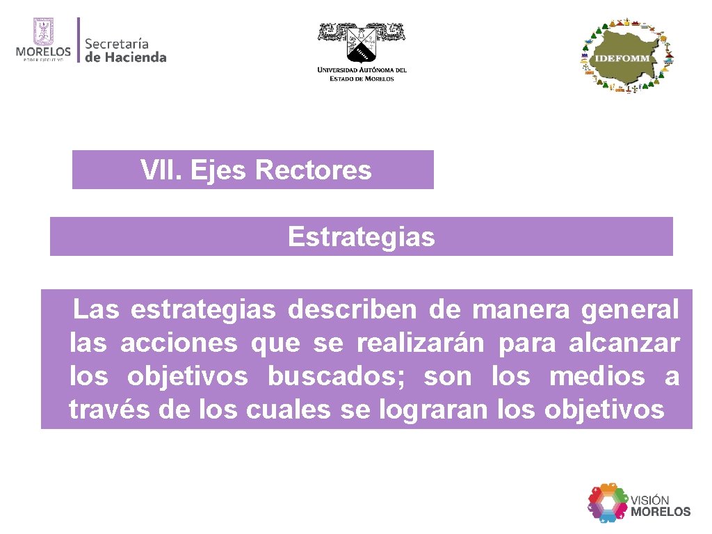 VII. Ejes Rectores Estrategias Las estrategias describen de manera general las acciones que se