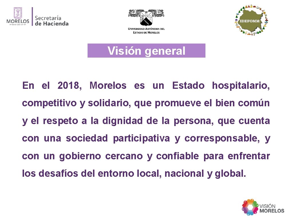 Visión general En el 2018, Morelos es un Estado hospitalario, competitivo y solidario, que