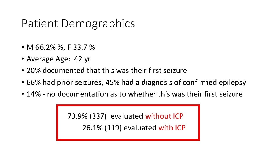 Patient Demographics • M 66. 2% %, F 33. 7 % • Average Age: