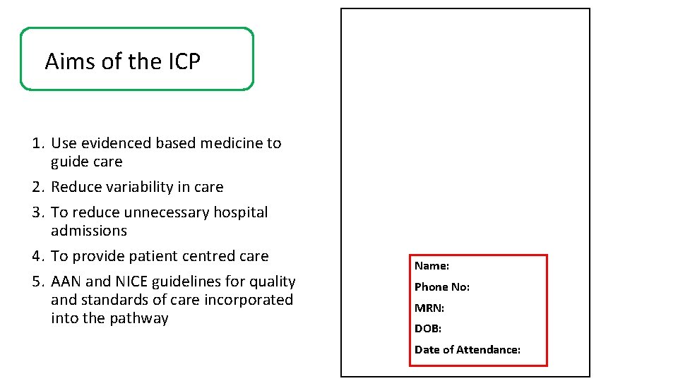 Aims of the ICP 1. Use evidenced based medicine to guide care 2. Reduce