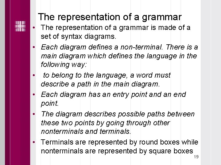 The representation of a grammar • The representation of a grammar is made of