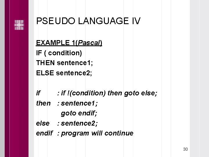 PSEUDO LANGUAGE IV EXAMPLE 1(Pascal) IF ( condition) THEN sentence 1; ELSE sentence 2;