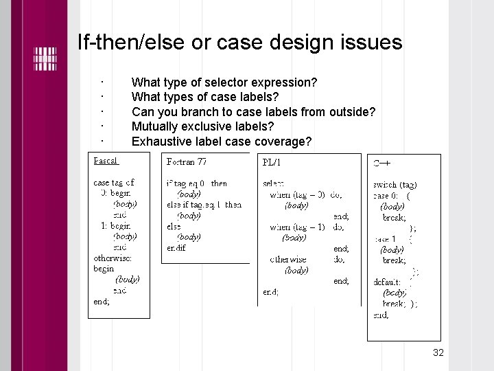 If-then/else or case design issues · · · What type of selector expression? What