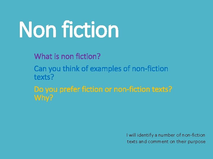 Non fiction What is non fiction? Can you think of examples of non-fiction texts?