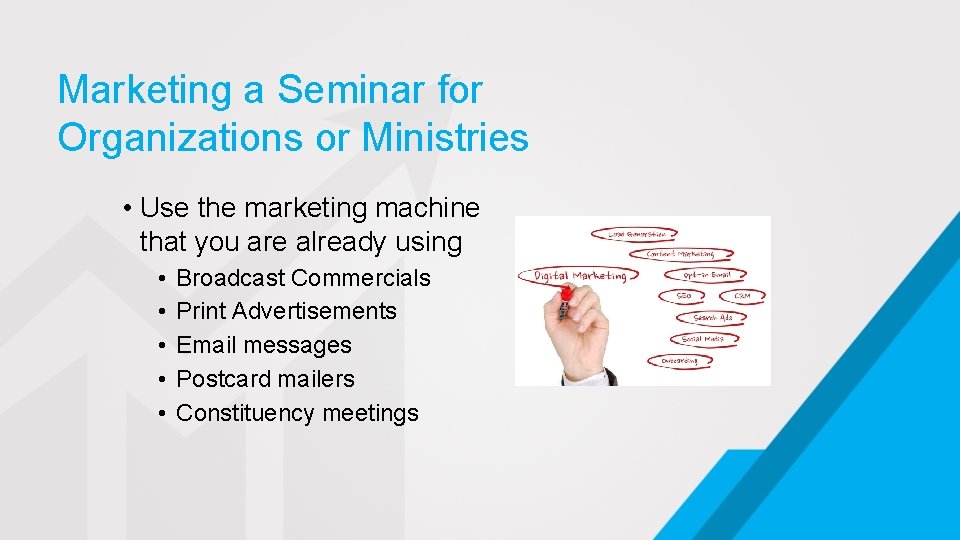 Marketing a Seminar for Organizations or Ministries • Use the marketing machine that you