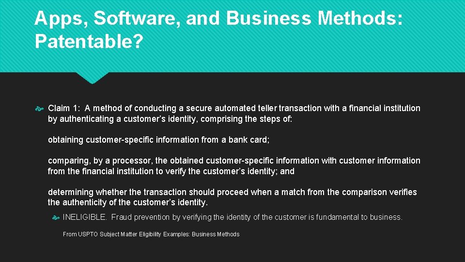 Apps, Software, and Business Methods: Patentable? Claim 1: A method of conducting a secure