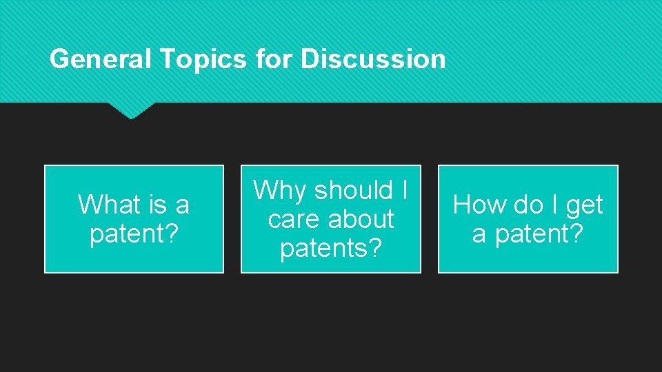 General Topics for Discussion What is a patent? Why should I care about patents?