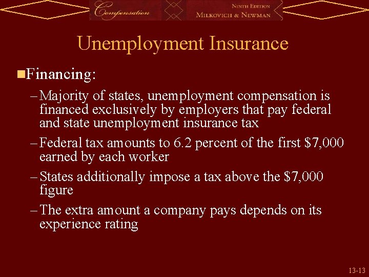 Unemployment Insurance n. Financing: – Majority of states, unemployment compensation is financed exclusively by