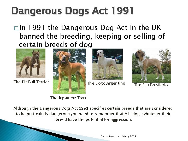 Dangerous Dogs Act 1991 � In 1991 the Dangerous Dog Act in the UK